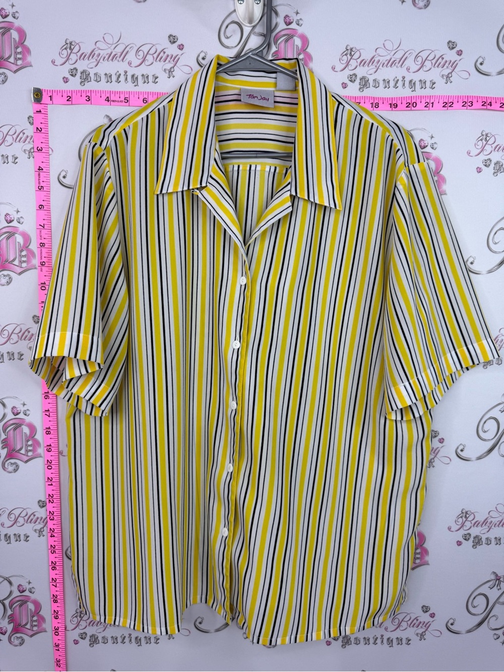 TanJay tshirt Yellow, Black & White Vertical Stripe Short Sleeve Button-Up Shirt